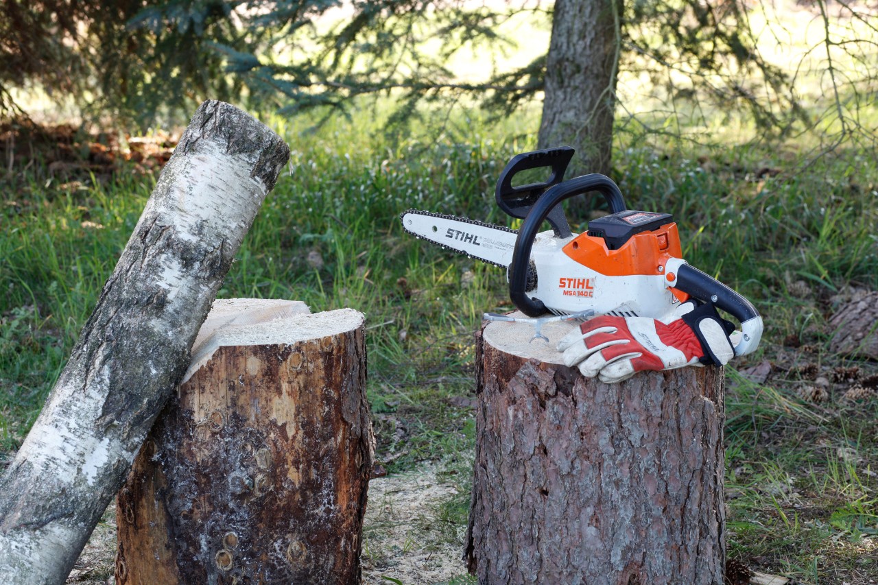 Το STIHL MSA 140 C και τα προστατευτικά γάντια είναι έτοιμα πάνω σε έναν κορμό δέντρου, για την κατασκευή ξύλινων κεριών